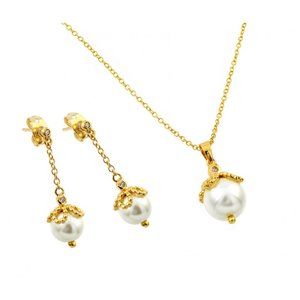 Silver 925 Gold Plated Pearl Drop Clear CZ Dangling Stud Earring and Necklace Se